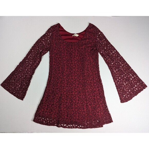 UMGEE Women's Dress Bohemian Tunic Small Burgundy Red Bell Sleeves Scoop Neck - Picture 1 of 11